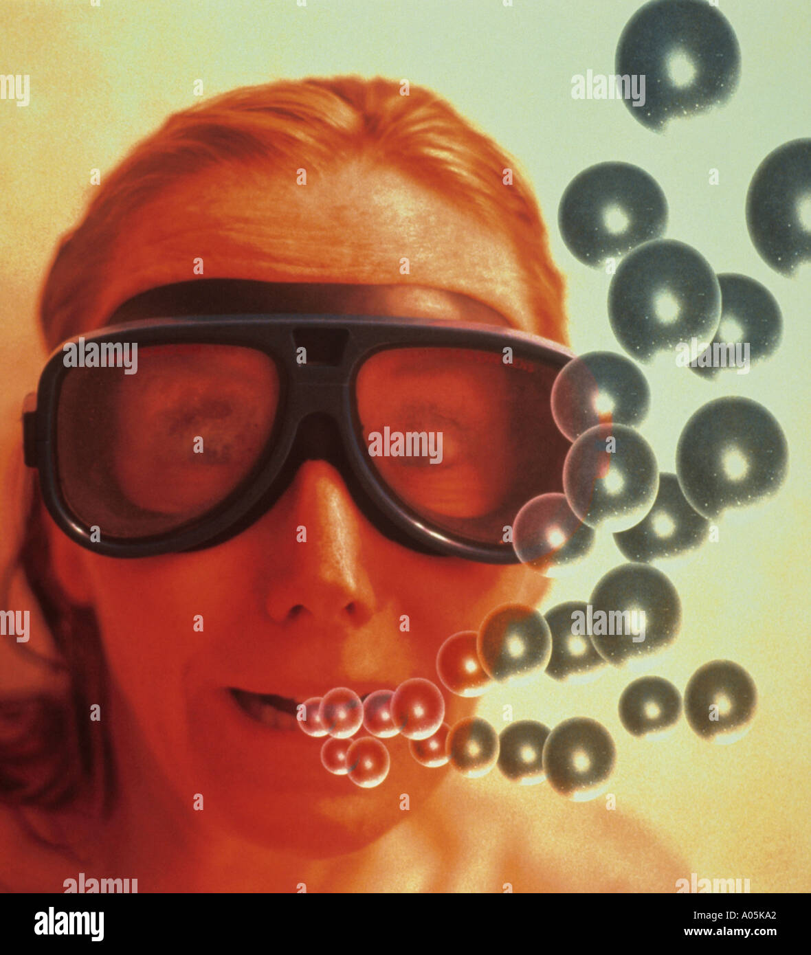 Image générée par ordinateur d'une femme portant des lunettes et expulser les bulles Banque D'Images