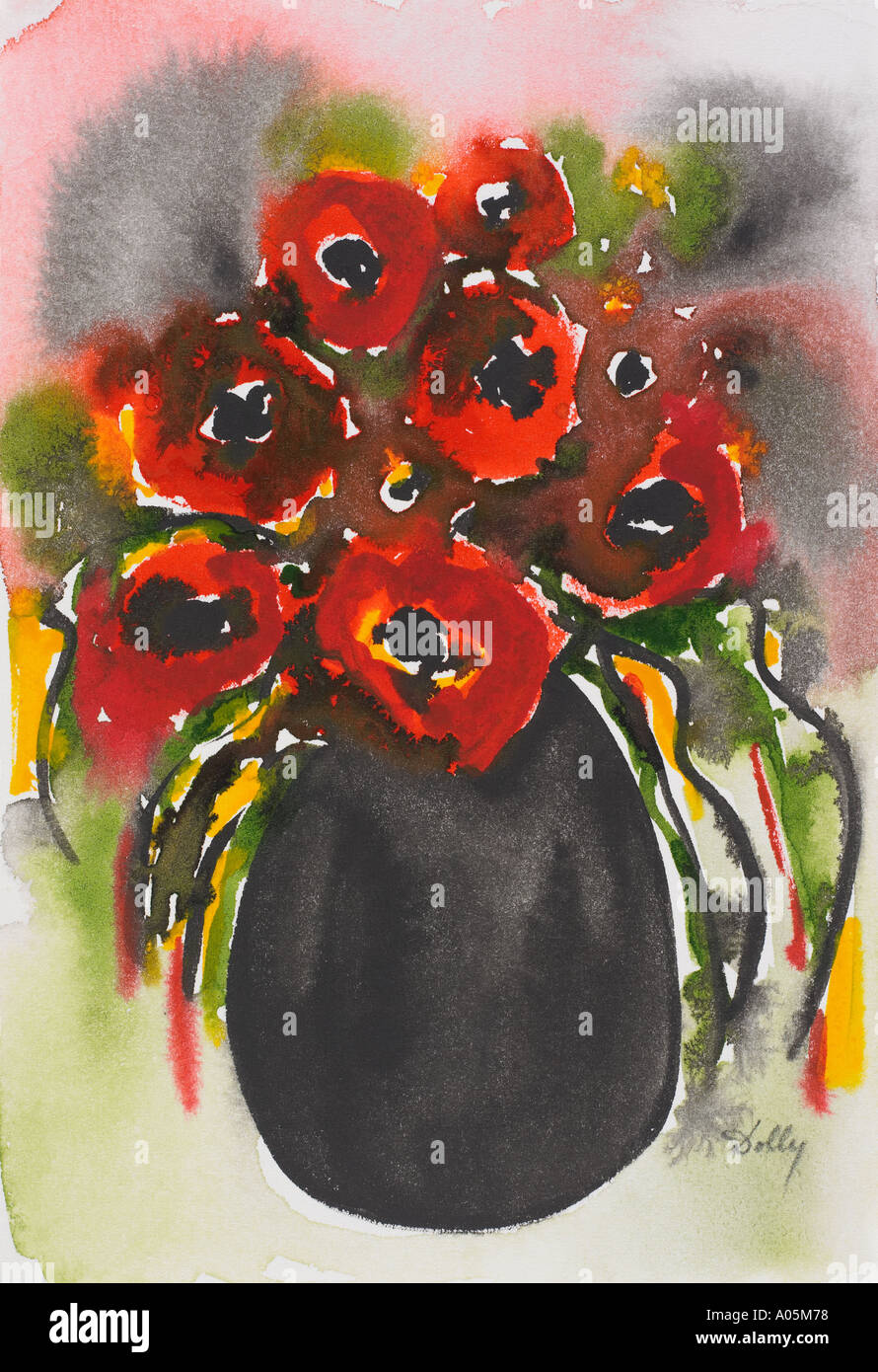 aquarelle de vase noir avec fleurs rouges Banque D'Images