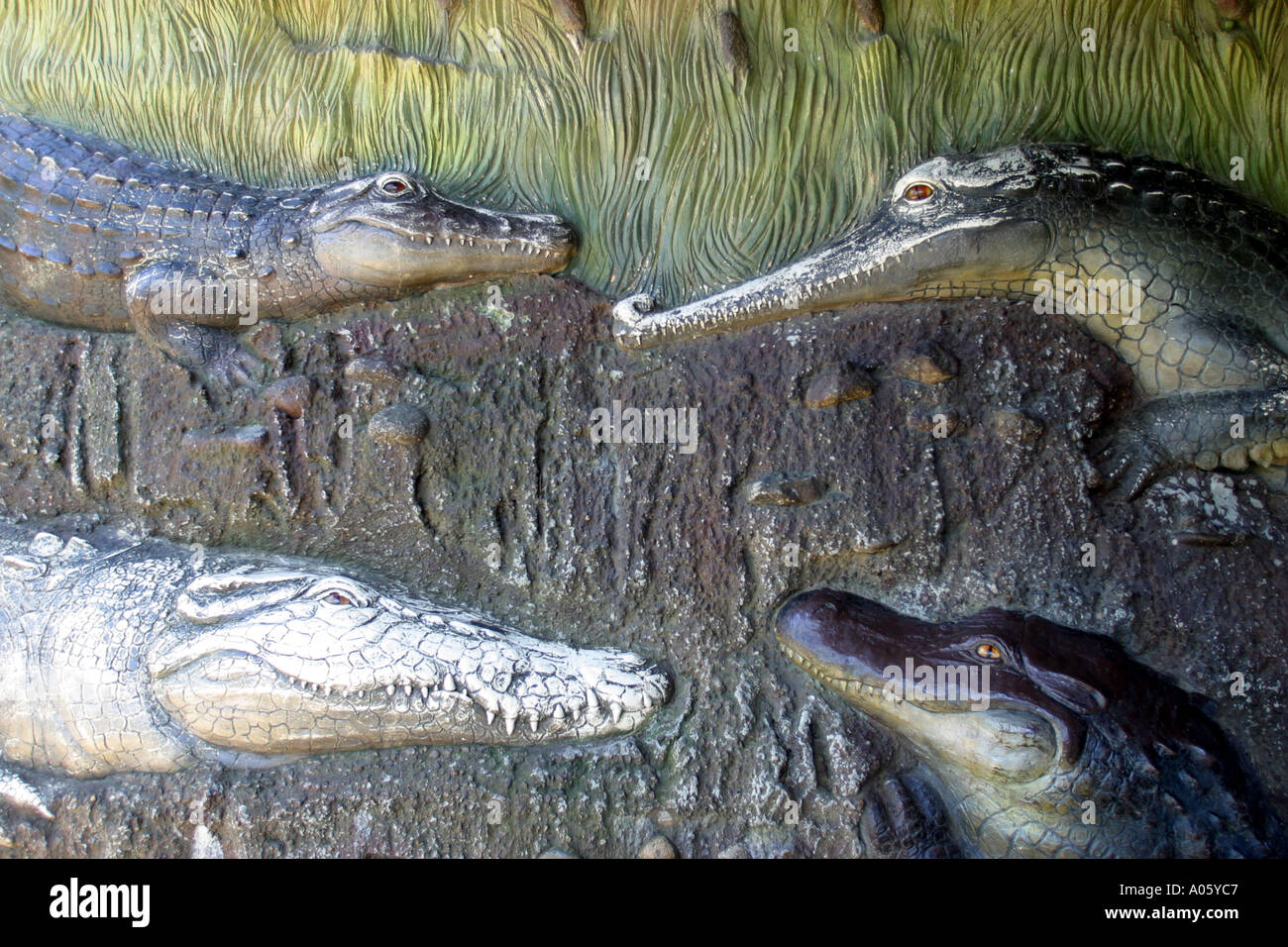 Bas-relief en bronze sculpture de la famille crocodile au Zoo de Taronga Sydney NSW Australie Banque D'Images