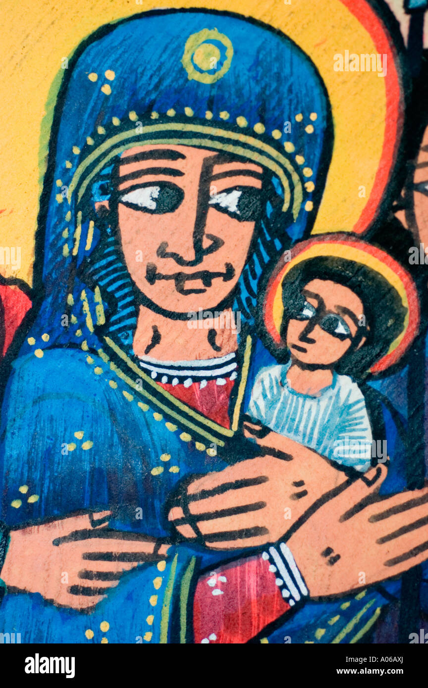 Vierge Marie avec Jésus Christ Église copte orthodoxe éthiopienne Éthiopie peinture Banque D'Images