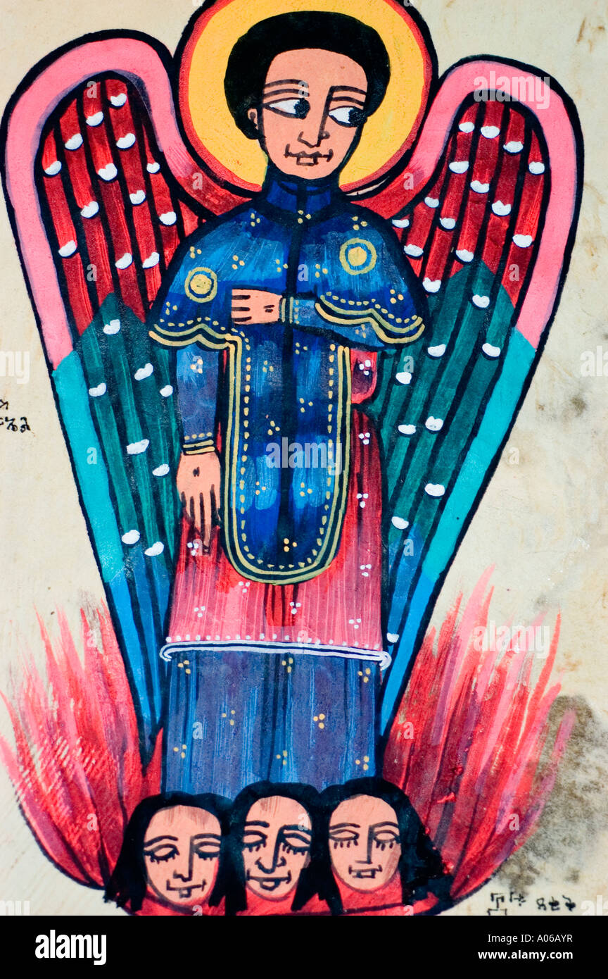 Ange avec damnés église éthiopienne orthodoxe copte Ethiopie peinture Banque D'Images