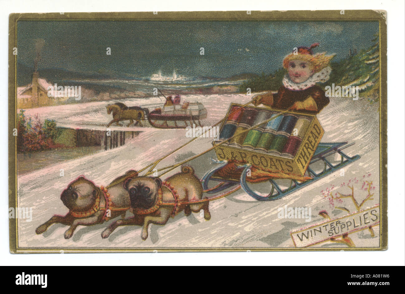 J & P Coats' Thread trade card vers 1880 Fournitures d'hiver Banque D'Images