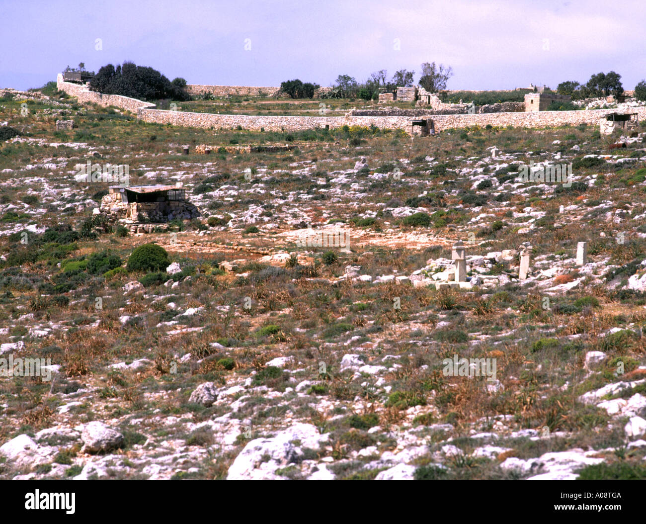 Dh MNAJDRA MALTE Bird hide et humaine perchs pour créer de petits oiseaux shotting gallery Banque D'Images