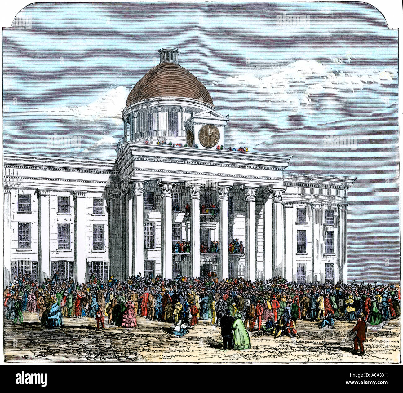 Jefferson Davis inauguré en tant que président des États confédérés d'Amérique dans l'état de l'Alabama Montgomery House en1861. À la main, gravure sur bois Banque D'Images