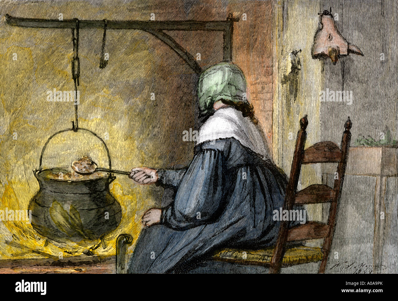 Femme en remuant une marmite suspendue dans une cheminée. À la main,  gravure sur bois Photo Stock - Alamy