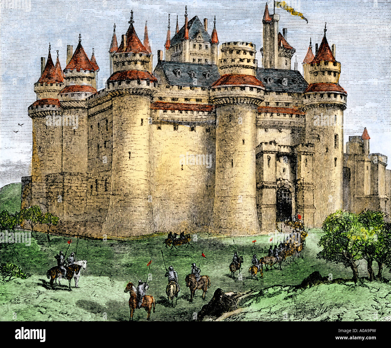 Chevaliers de la saisie d'un château médiéval. À la main, gravure sur bois Banque D'Images
