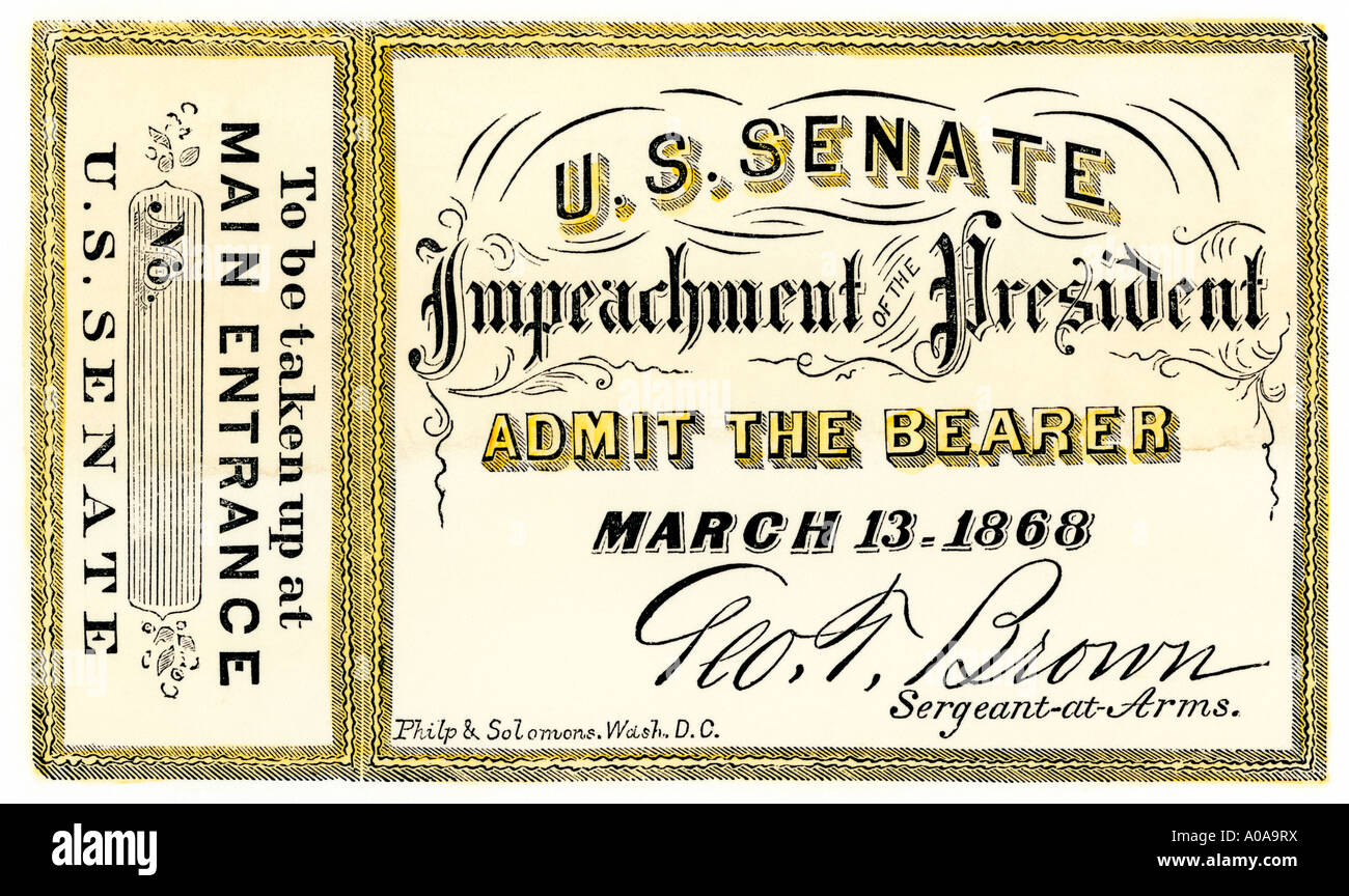 Billet d'admission à la procédure d'impeachment trial du président Andrew Johnson au Sénat en 1868. À la main, gravure sur bois Banque D'Images