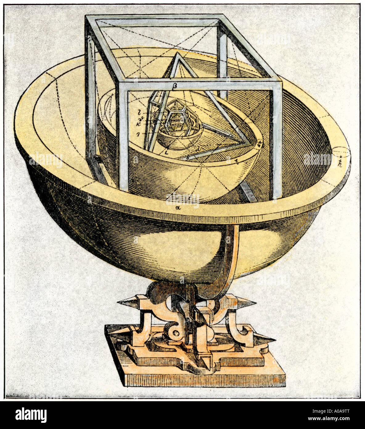 Le mécanisme montrant le début de la théorie des orbites planétaires de Johann Kepler. À la main, gravure sur bois Banque D'Images