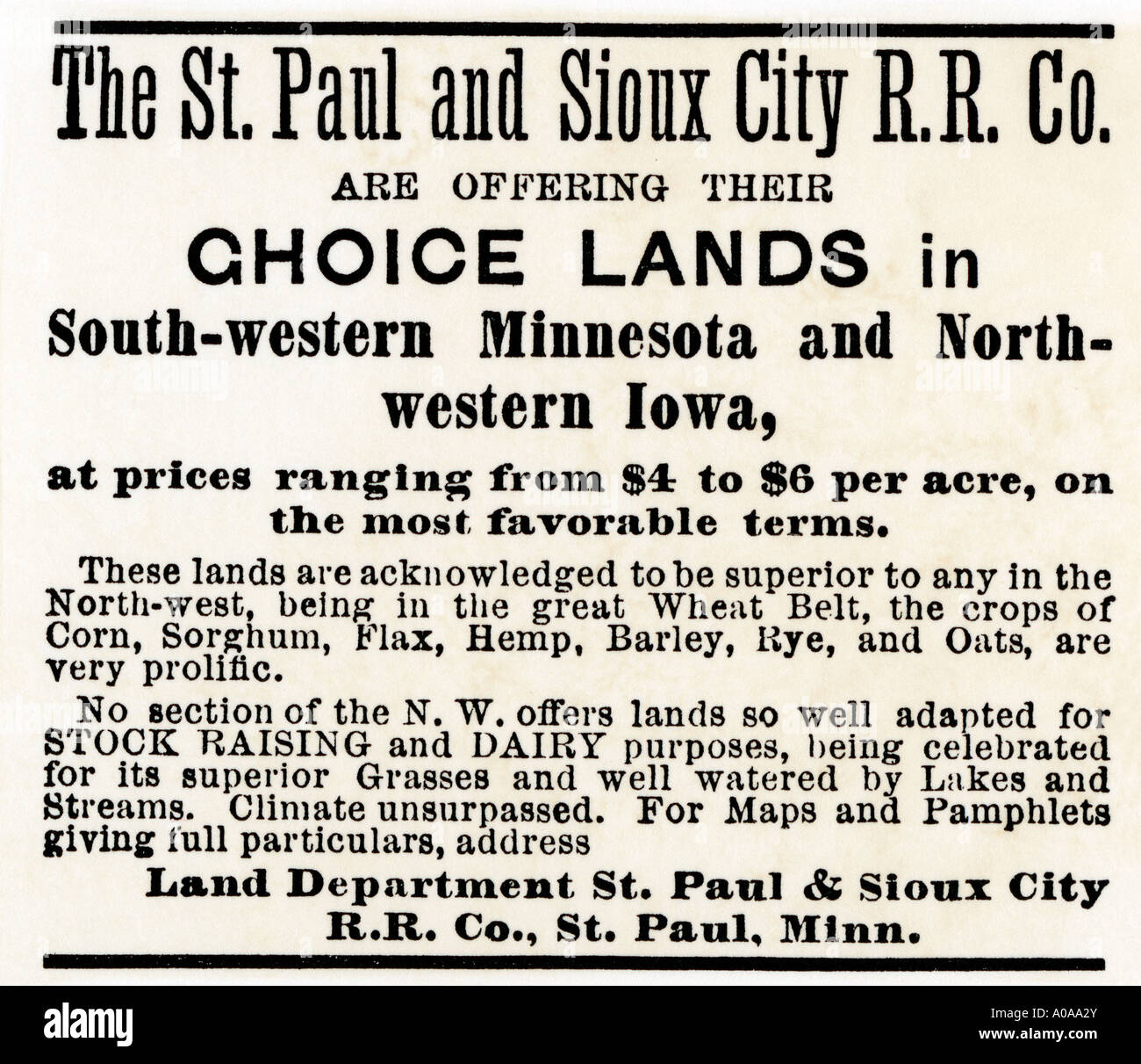 La terre dans le Minnesota et l'Iowa annoncés par le St Paul Sioux City Railroad Company 1870. Gravure sur bois avec un lavage à l'aquarelle Banque D'Images