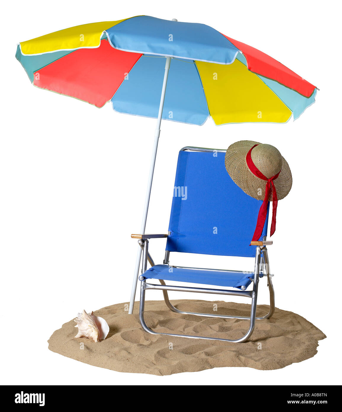 Chaise de plage avec parasol bleu Banque D'Images