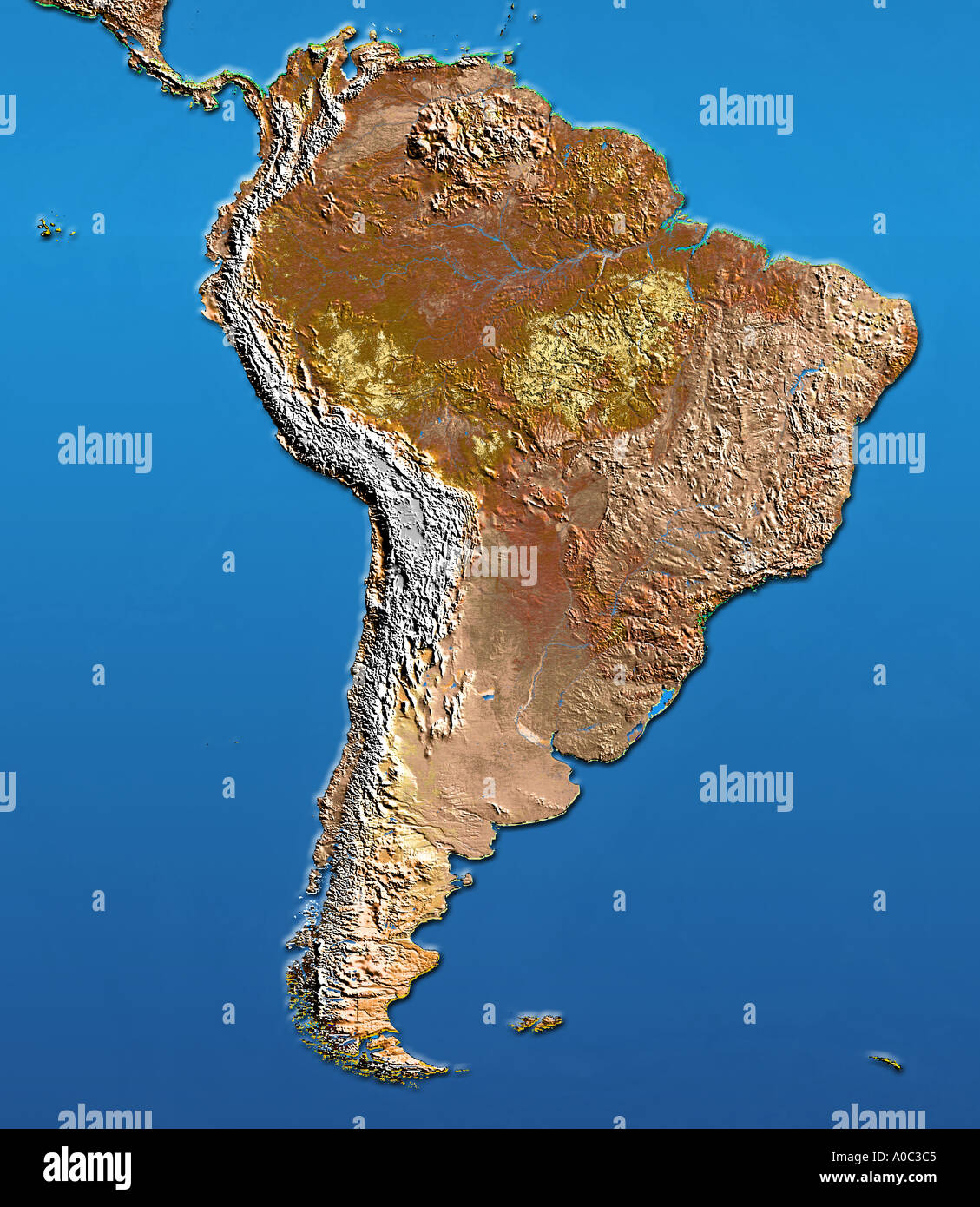 Image satellite de l'Amérique du Sud avec relief ombré Banque D'Images