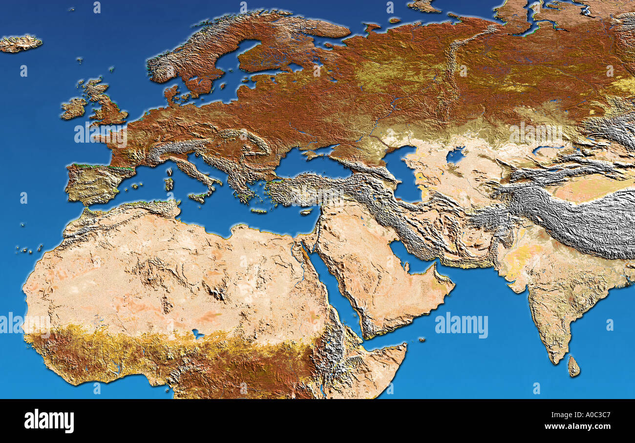 Image satellite de l'Europe de l'Afrique du Nord au Moyen-Orient et en Asie de l'ouest de l'Inde avec relief ombré Banque D'Images