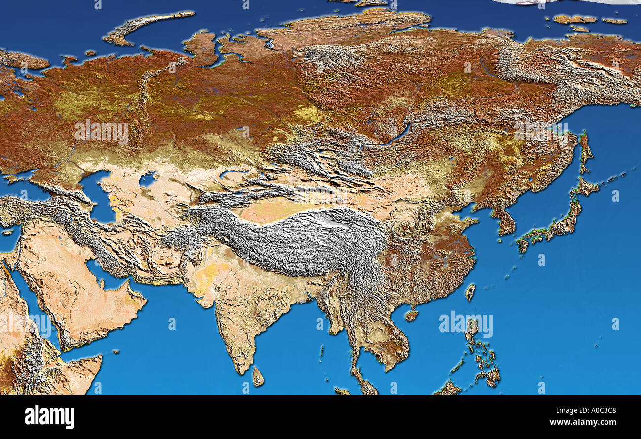 Image satellite de l'Asie la Russie et l'Inde avec relief ombré Banque D'Images
