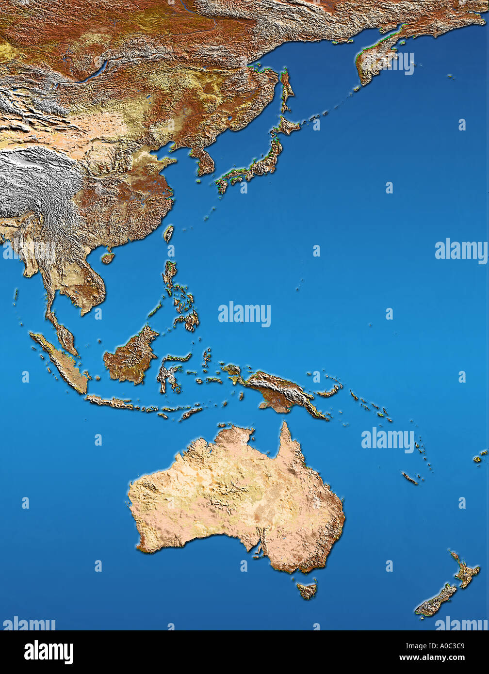 Image satellite de l'Australie Indonésie Japon Asie orientale et la Nouvelle-Zélande avec relief ombré Banque D'Images