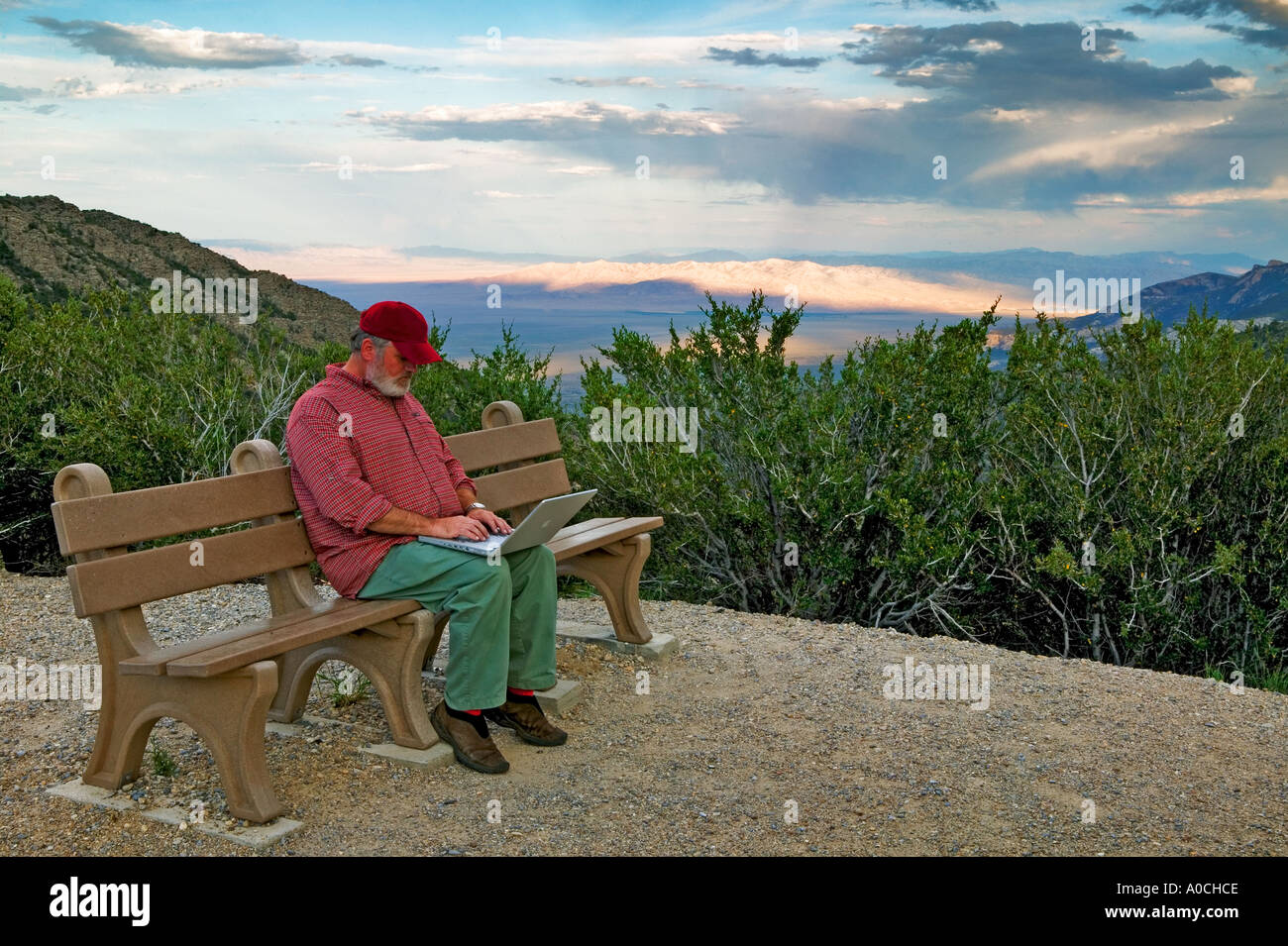 L'homme sur banc avec coffre Parc National du Grand Bassin, Nevada Banque D'Images