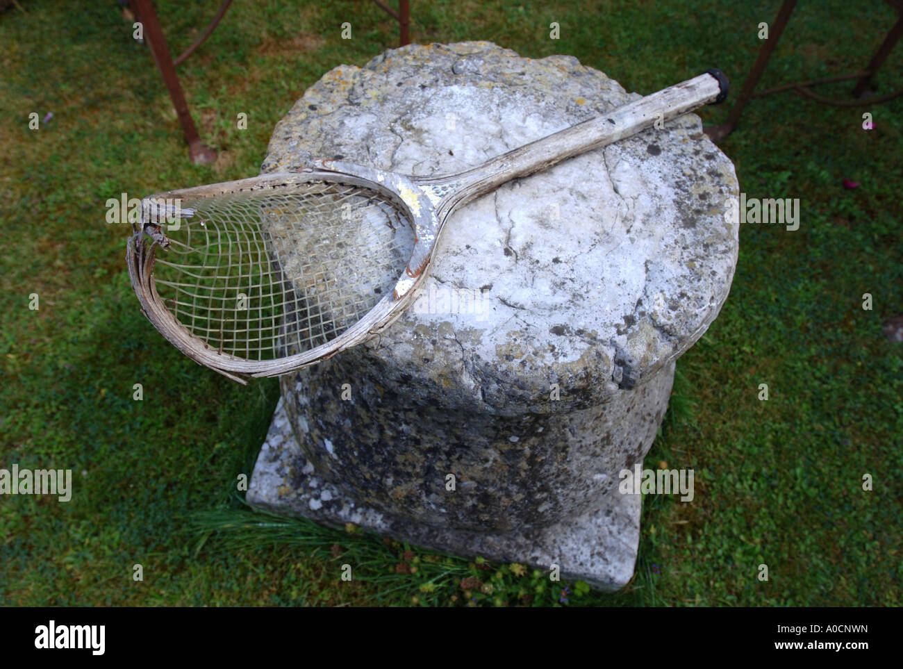 Une ancienne raquette de tennis encadrées EN BOIS DANS UN JARDIN UK Banque D'Images