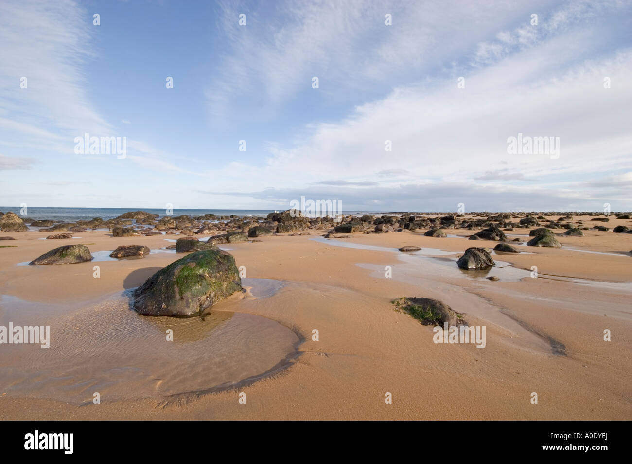 Scène de plage rocheuse déserte avec CIEL BLEU Banque D'Images