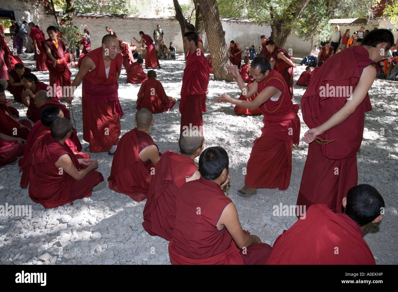 Le débat sur la masse des moines au monastère de Sera, près de Lhassa dans la région autonome du Tibet en Chine Banque D'Images