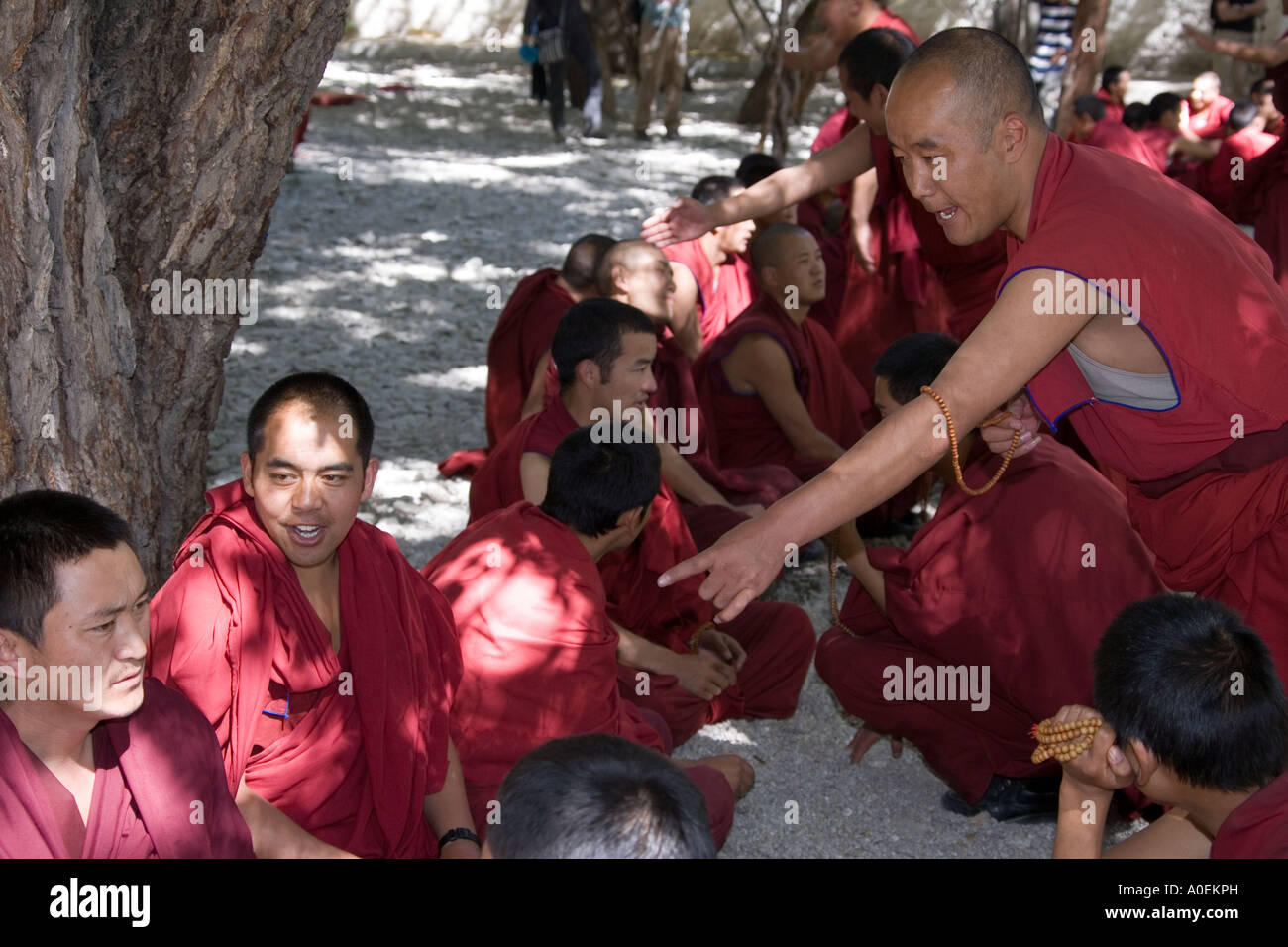 Le débat sur la masse des moines au monastère de Sera, près de Lhassa dans la région autonome du Tibet en Chine Banque D'Images