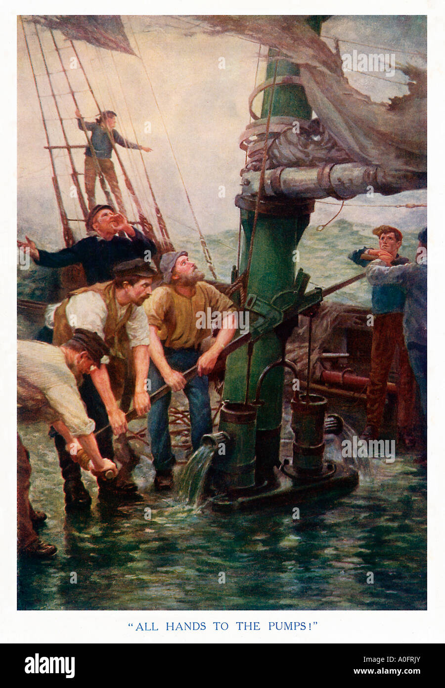 Toutes les mains à la pompe Victorian imprimer d'une crise en mer comme un voilier est submergée par l'océan Banque D'Images