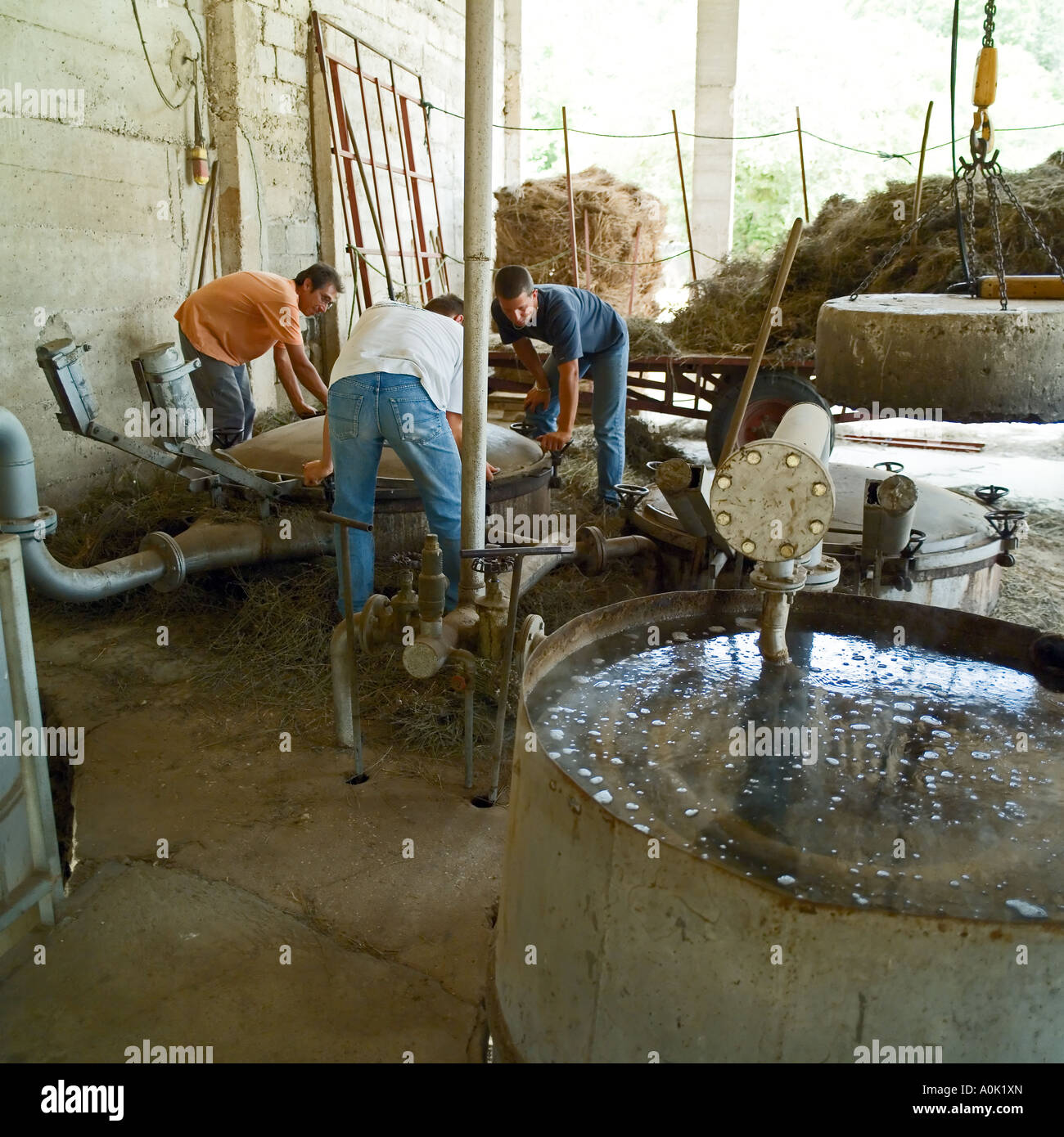 La clôture des travailleurs chaudière, Distillerie du Vallon, de l'huile de lavande distillerie, Sault, Vaucluse, Provence, France Banque D'Images