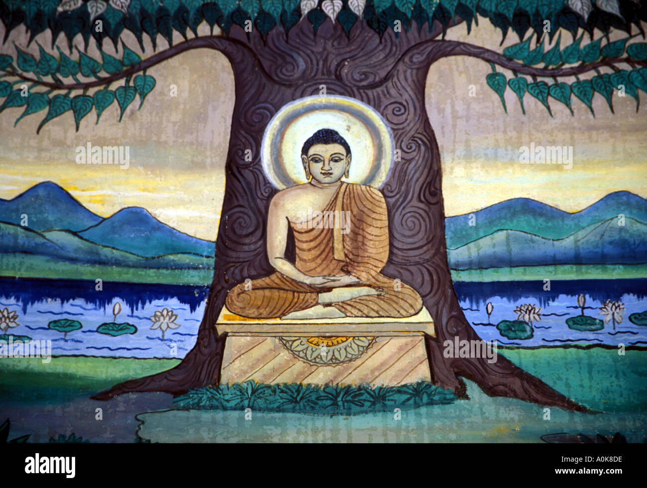 Le bouddhisme Bouddha méditant sous l'arbre Bo Sri Lanka murale Banque D'Images