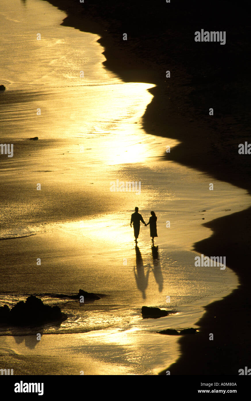 Couple walking on beach at sunset Banque D'Images
