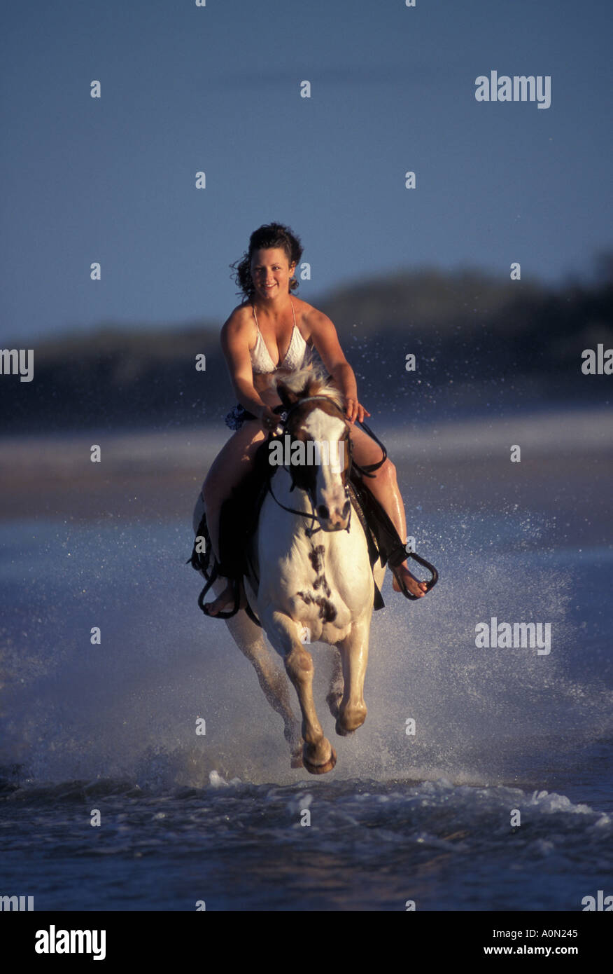 L'Australie Queensland Noosa woman riding horse on beach Banque D'Images