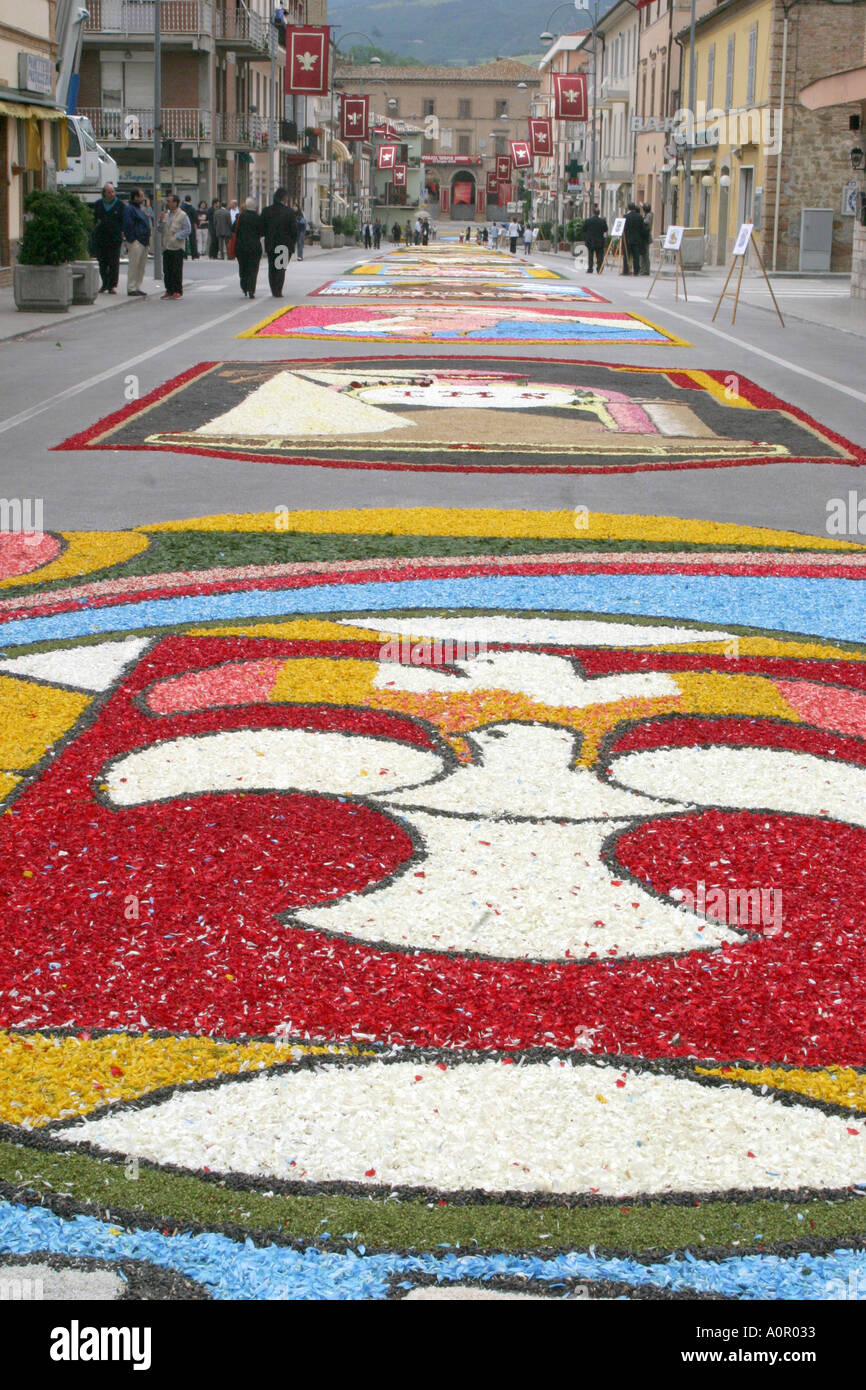 Tapis tapis de fleurs annuelles festival à Castelraimundo dans le Marches Italie tenue le dimanche du Corpus Christi Corpus Domini Banque D'Images