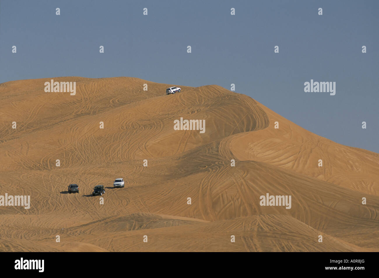 Dune Bashing les touristes dans les véhicules à 4 roues motrices dans l'intérieur des terres à partir de la ville du désert Dubai Emirats Arabes Unis Moyen-orient Banque D'Images