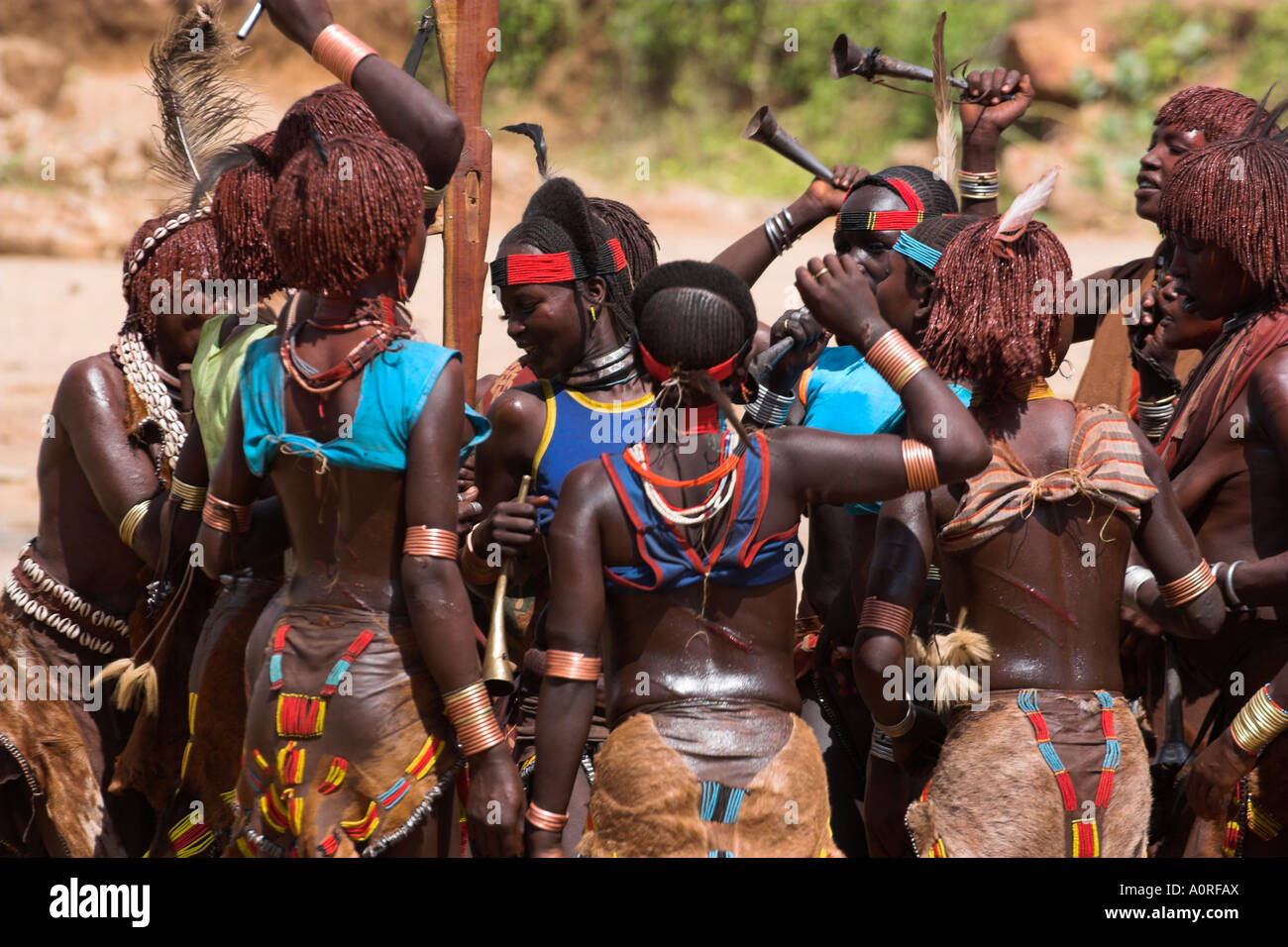 Les femmes chantent et dansent devant le taureau sautant Hamer sautant de la cérémonie d'initiation des taureaux Turmi vallée de l'Omo Ethiopie inférieure Banque D'Images