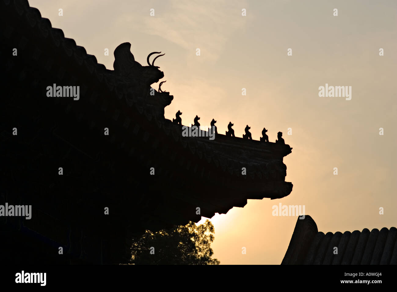 Chine Pékin Palais d'été pavillon courbé 9 Minzu Yuan silhouette de lignes avec des animaux sculptés et dragons Banque D'Images