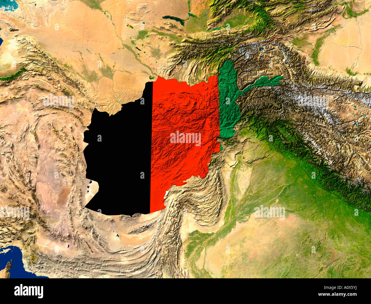 Image satellite de l'Afghanistan couverts par le drapeau de ce pays Banque D'Images
