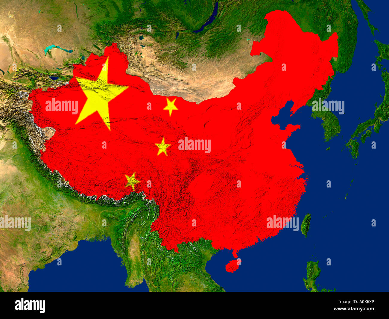 Image satellite de la Chine couverts par le drapeau de ce pays Banque D'Images