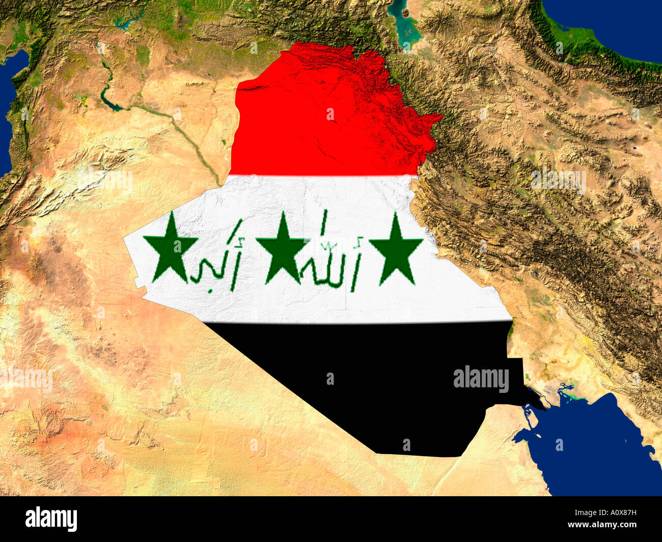 Image satellite de l'Iraq couverts par le drapeau de ce pays Banque D'Images