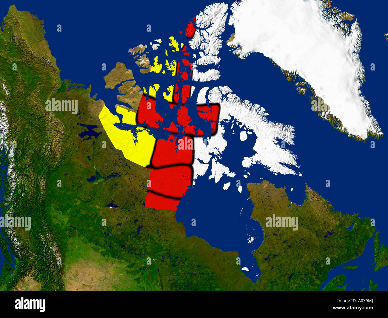 Image satellite de Nunavut, Canada visés par le drapeau du territoire Banque D'Images