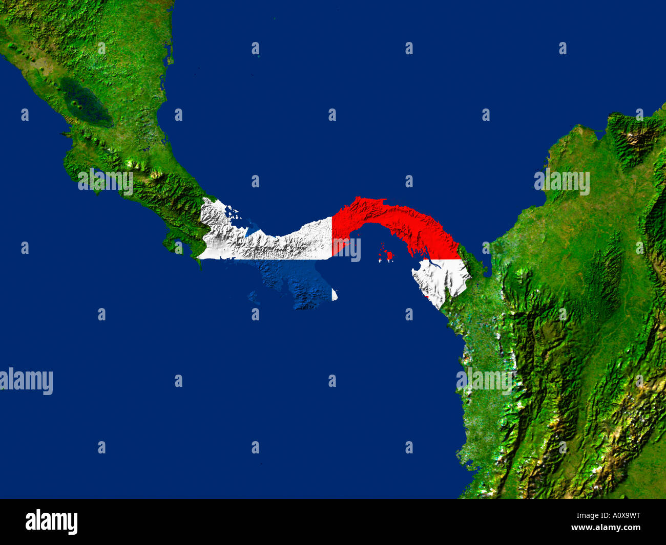 Image satellite de Panama couvert par ce drapeau du pays Banque D'Images
