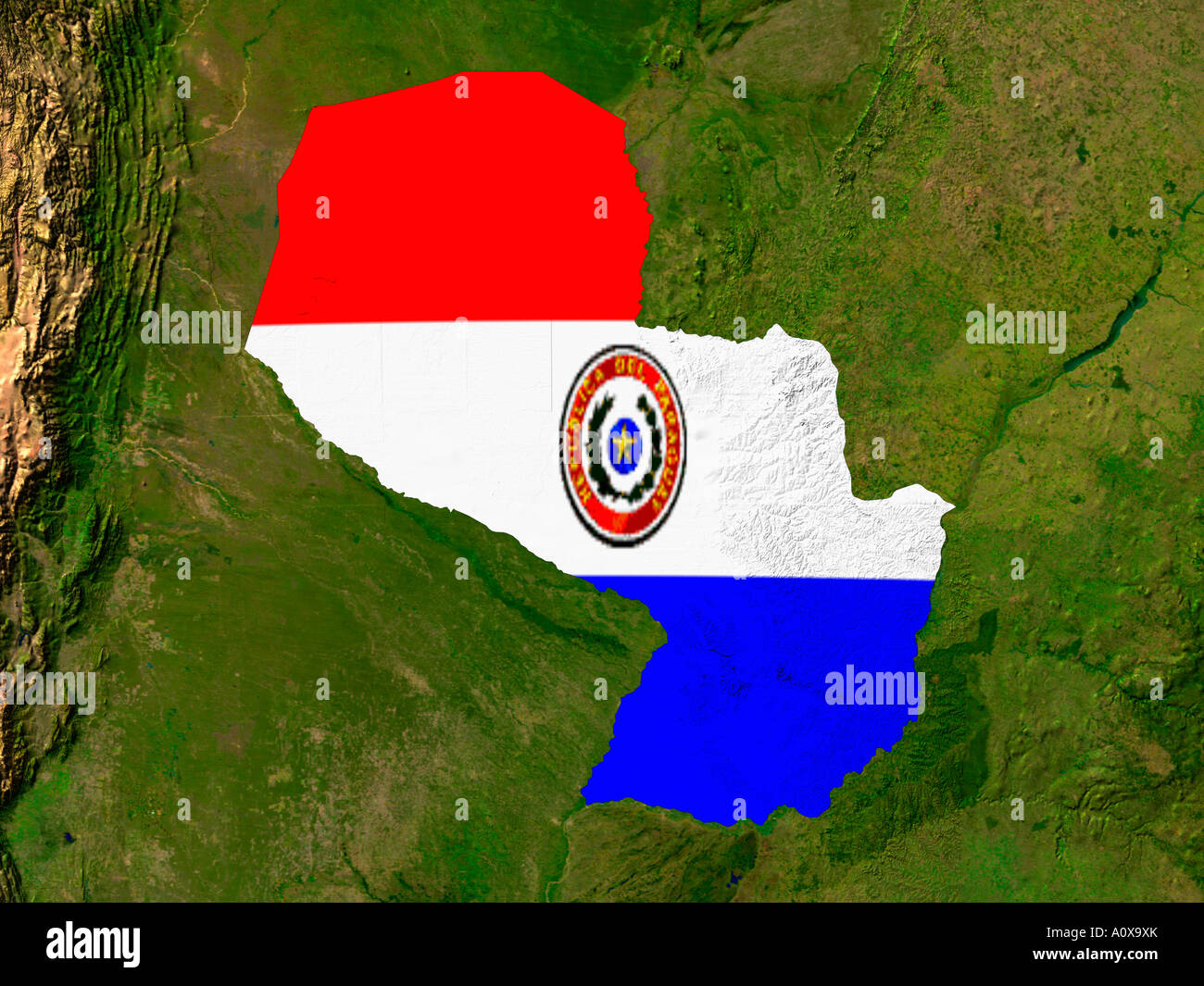 Image satellite de Paraguay couverts par le drapeau de ce pays Banque D'Images