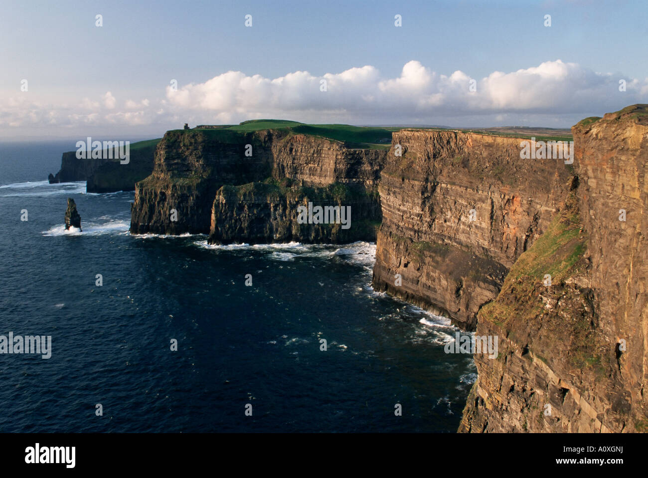 Les falaises de Moher s'élevant à 230 m de hauteur O Brians Tower et Breanan Mor seastack à la tête du Comté de Clare de Hags Banque D'Images