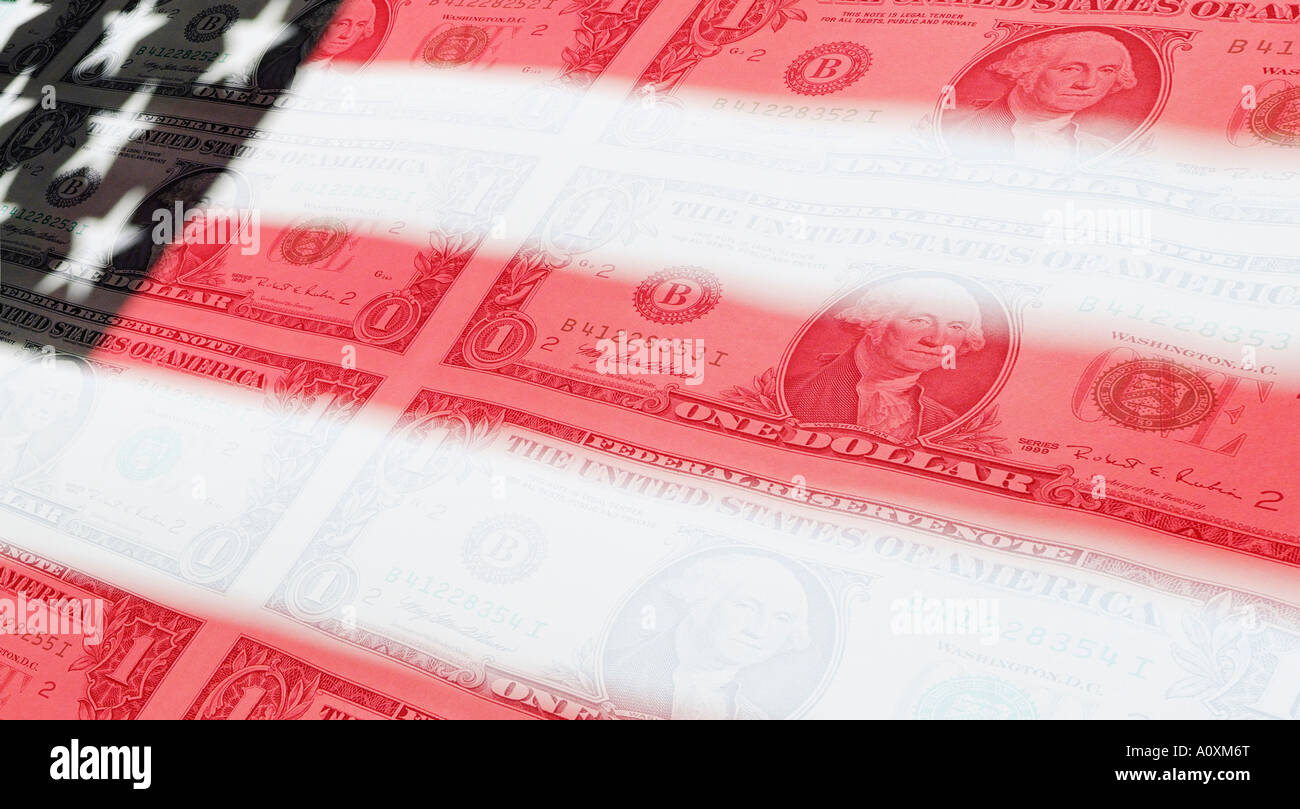 US Dollar Bills américains recouvertes par les Stars and Stripes Flag Banque D'Images