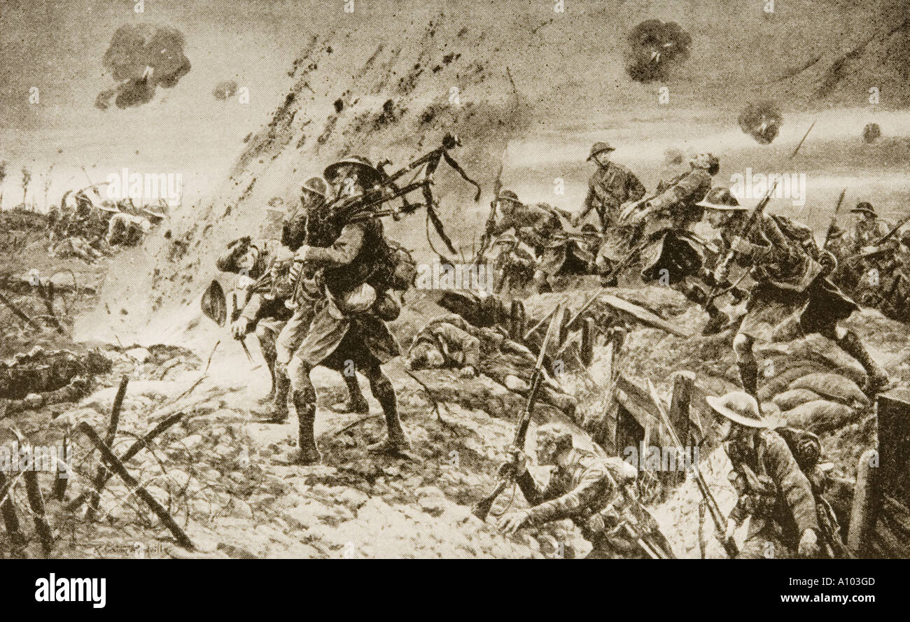 Les Pipers à Longueval,la Somme, France. Comment les Highlanders ont été amenés dans la bataille le 14 juillet 1916. Dessiné par R Caton Woodville. Banque D'Images