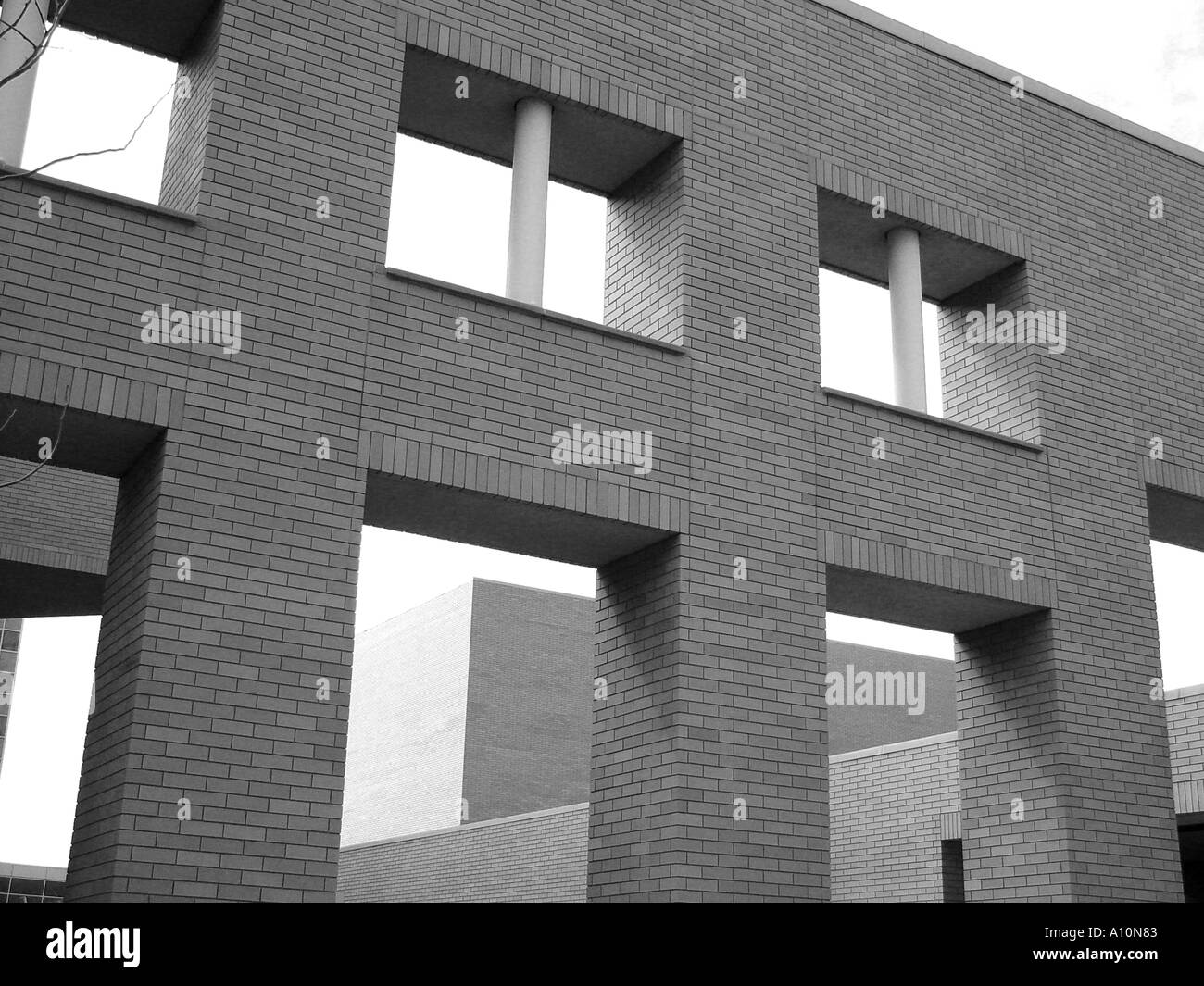 Photo en noir et blanc d'un mur de briques avec des fenêtres et ouvertures Banque D'Images