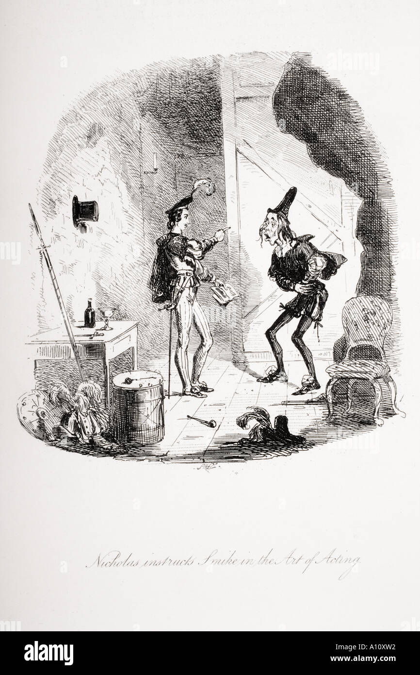 Nicholas indique à Smike dans l'art d'agir. Illustration de la nouvelle de Charles Dickens Nicholas Nickleby par H K Browne connu comme Phiz Banque D'Images