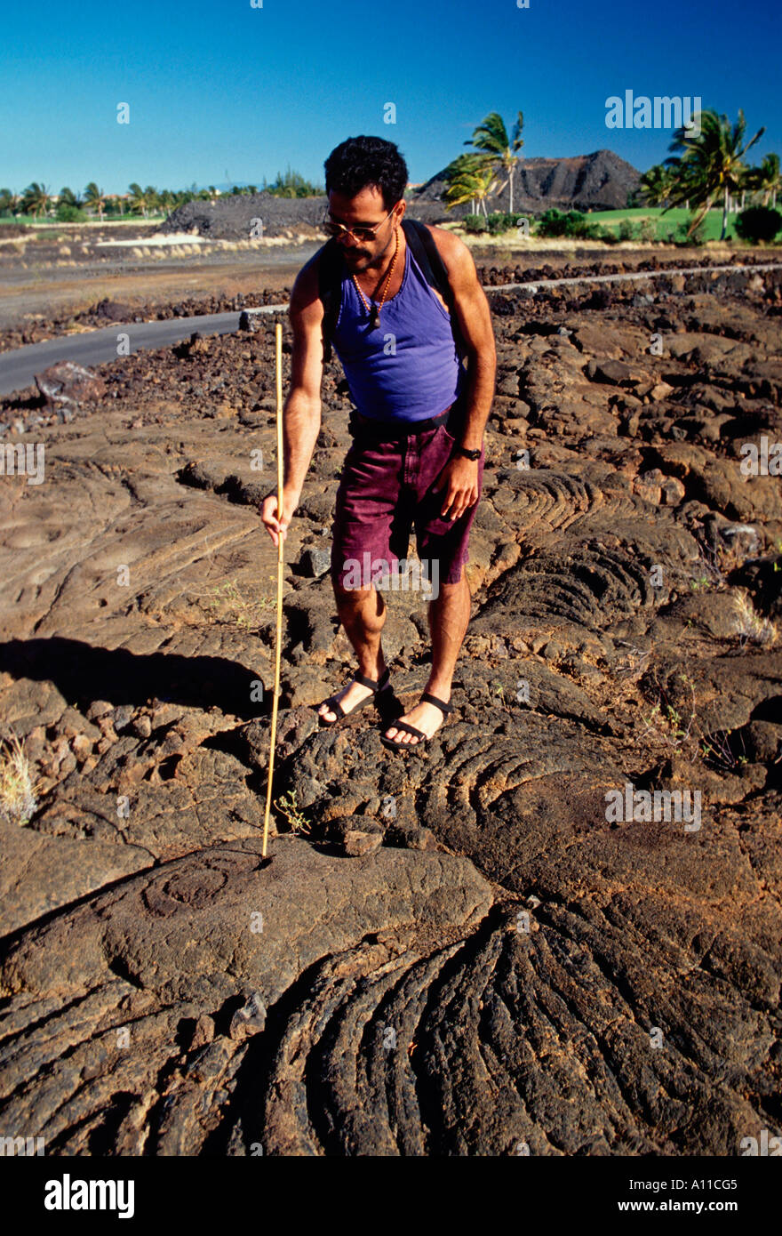 Pétroglyphes le long de la piste de rois à Anaehoomalu Bay sur la côte Kohala de l'Île Hawaii Hawaii United States Banque D'Images
