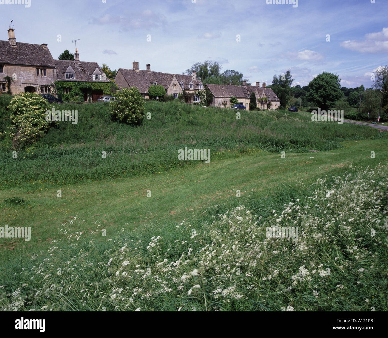 Le village vert ou en commun avec ses fleurs sauvages le village de Cotswold peu Barrington Banque D'Images