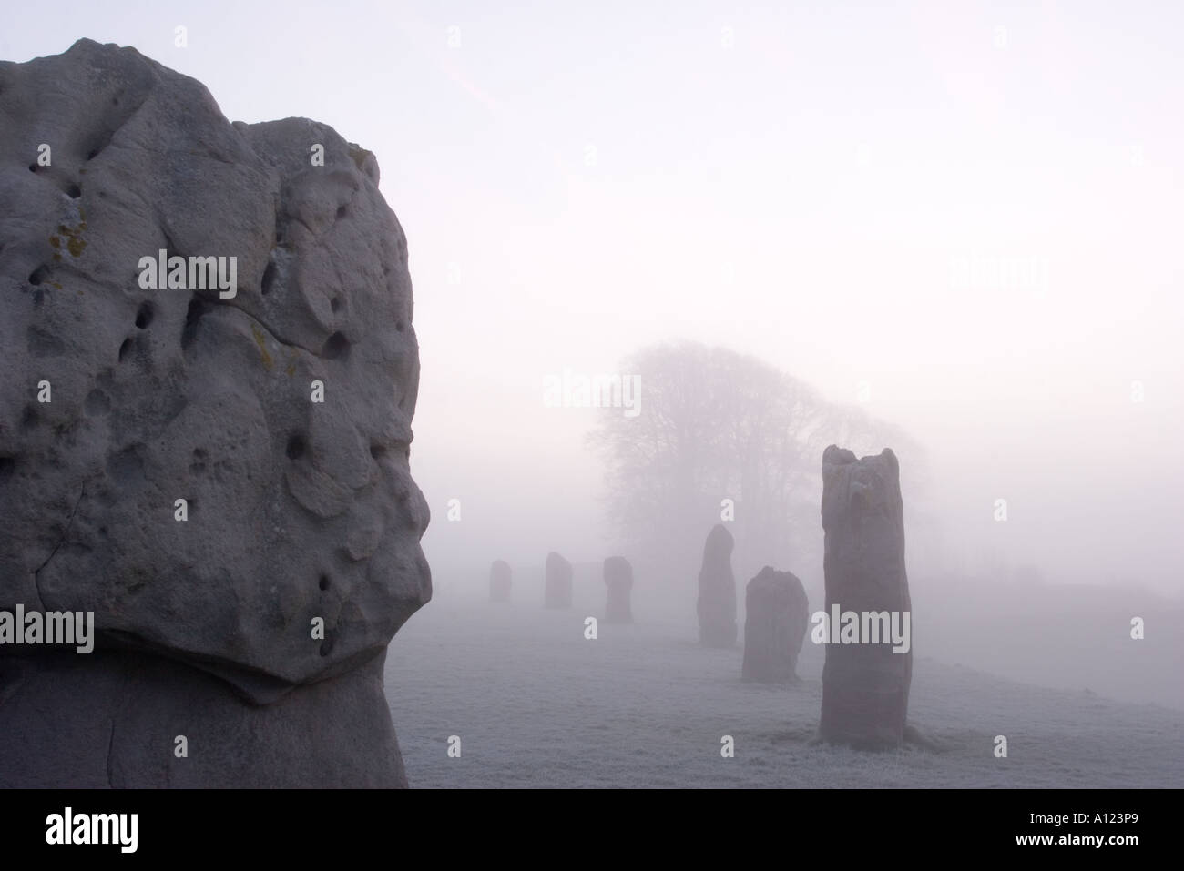 Avebury Stone Circle enveloppée de brouillard sur un matin d'hiver glacial Banque D'Images