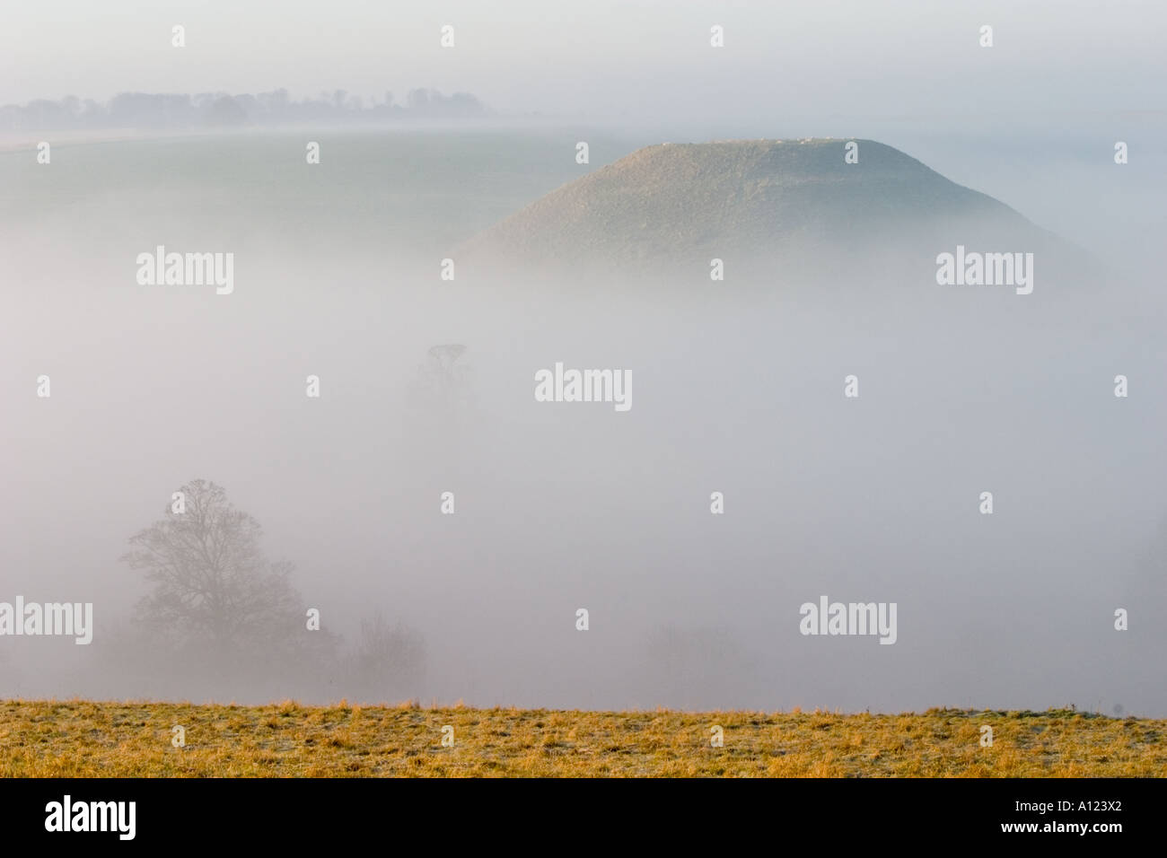 Silbury Hill monument néolithique mystérieux dans le Wiltshire enveloppées de brumes au petit matin Banque D'Images