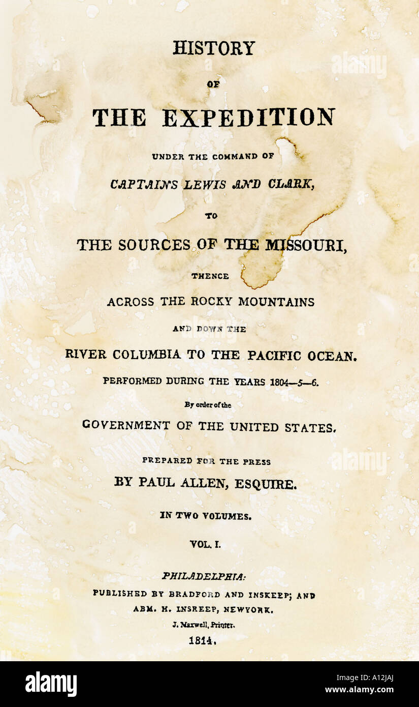 Page de titre de la première publication de Lewis et Clark journal et notes 1814. Gravure sur bois avec un lavage à l'aquarelle Banque D'Images