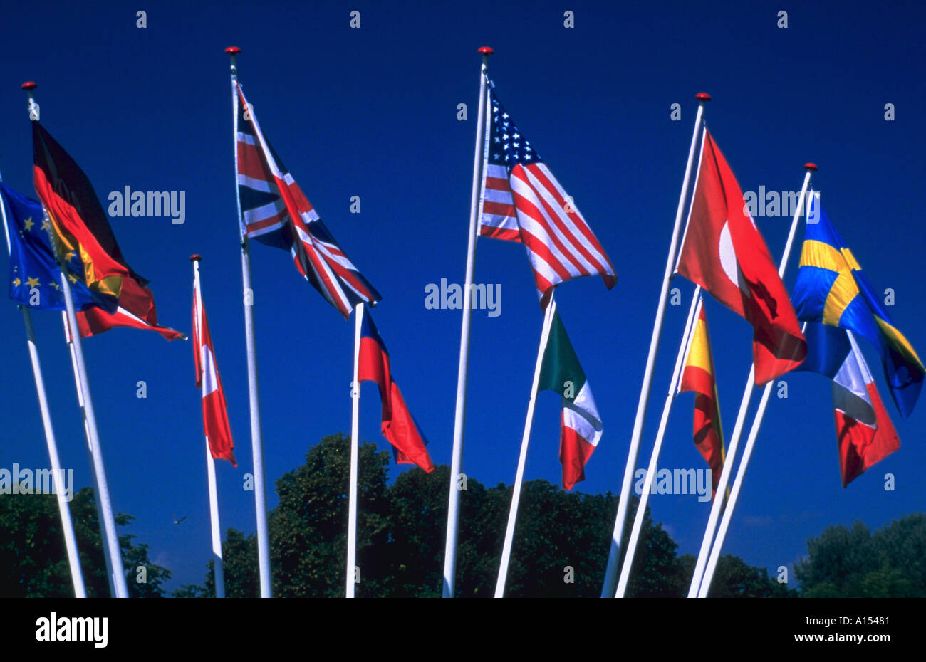 Un affichage des drapeaux internationaux soufflant de mâts de drapeau à l'extérieur Banque D'Images