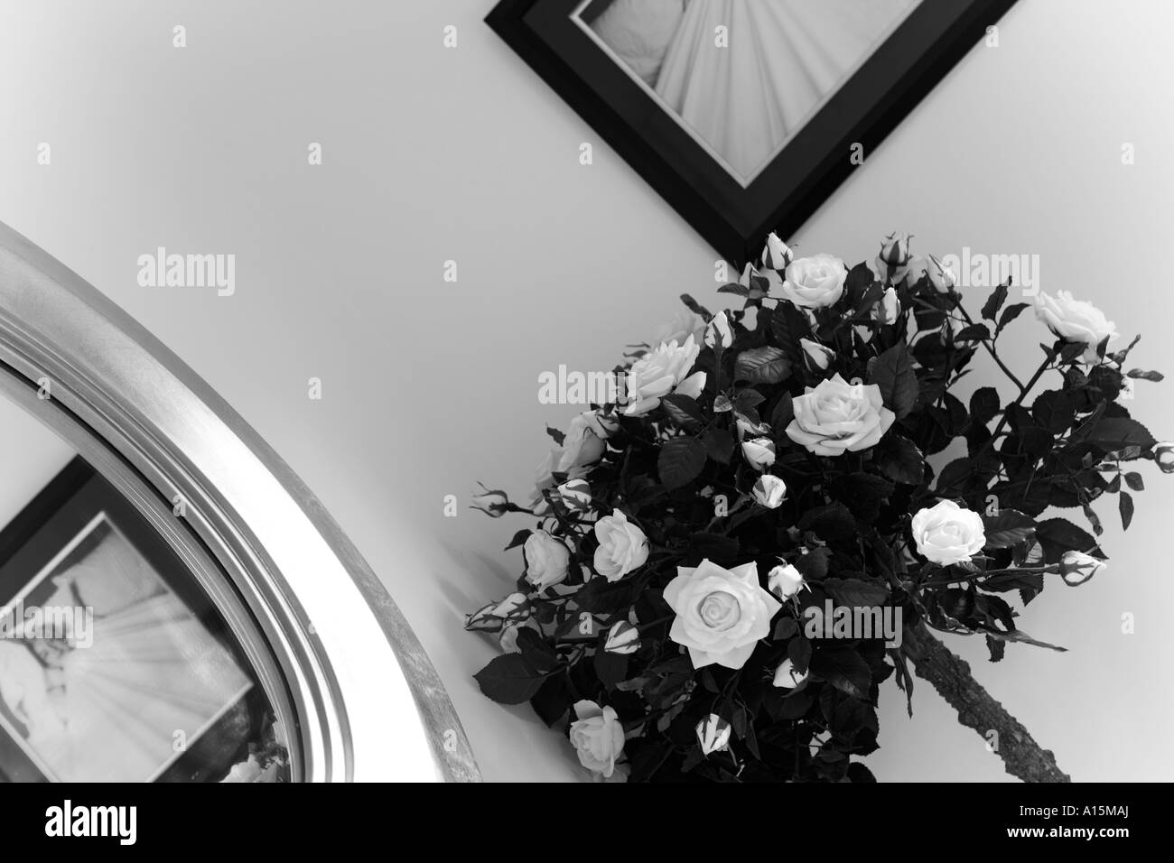 Miroir et fleurs DANS LE COIN D'UNE CHAMBRE À COUCHER Banque D'Images